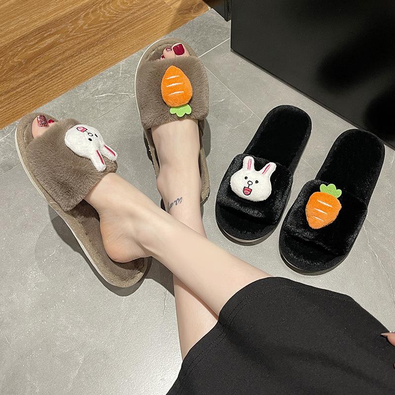 Cotton Slippers for Women, Cute Radish Rabbits In Autumn and Winter, Indoor Home Plush Postpartum Warmth, One Word Slippers, Cartoon Slippers