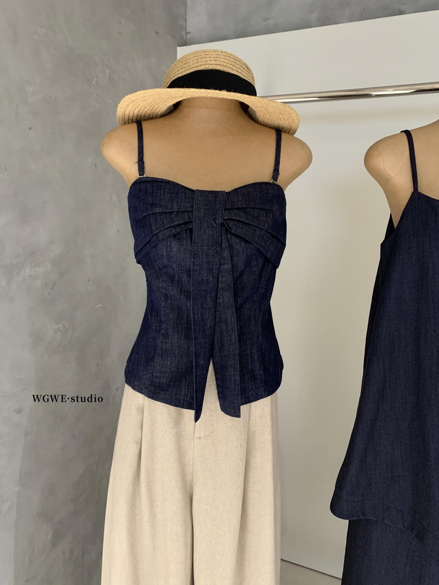 Women s Spring/Summer Denim Bow Strappy Crop Top WGWE8675 Small синий