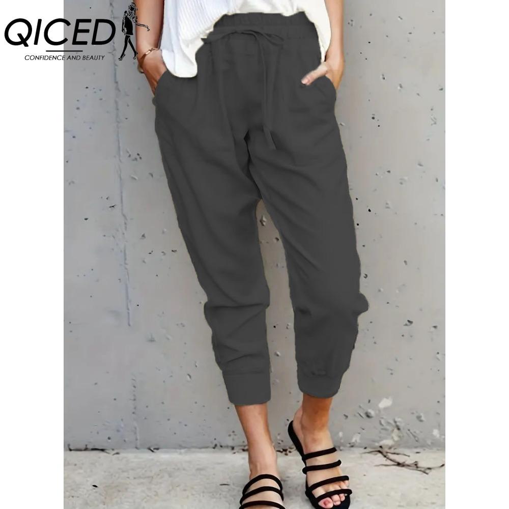 QICED Summer Women Loose Plus Size Solid Color Simple Lace Up Slim Casual Nine Point Slimming Trousers