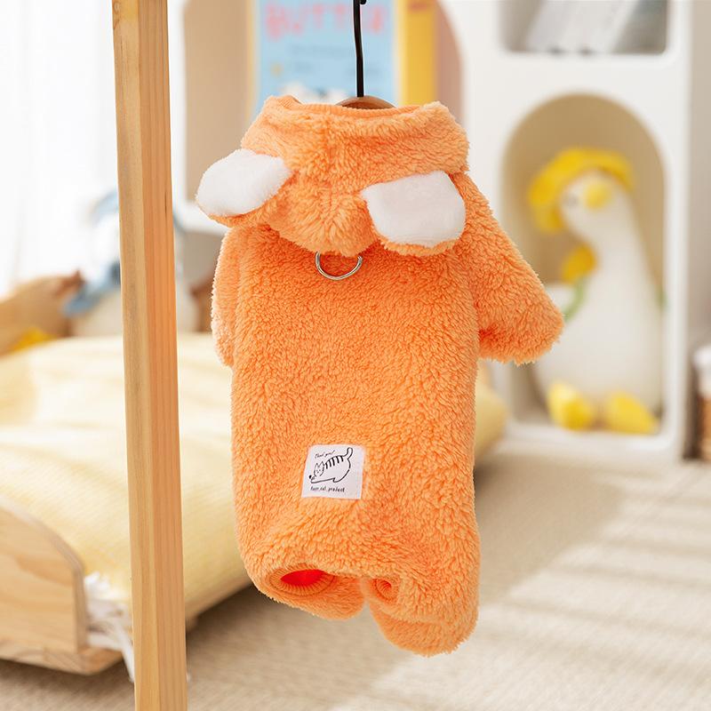 Autumn and Winter Dog Korean Version Cute Three-dimensional Bear Ears Traction Four-legged Fleece Coat Cat Warm Pet Dog Clothes