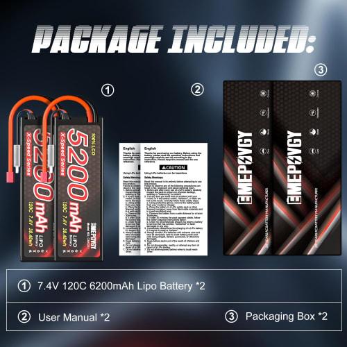 7.4V LiPo Battery, 5200mAh, 120C, 2S, Set of 2, with Deans T, X-Speed ??Series, Compatible with a Wide Range of RC Cars and Trucks