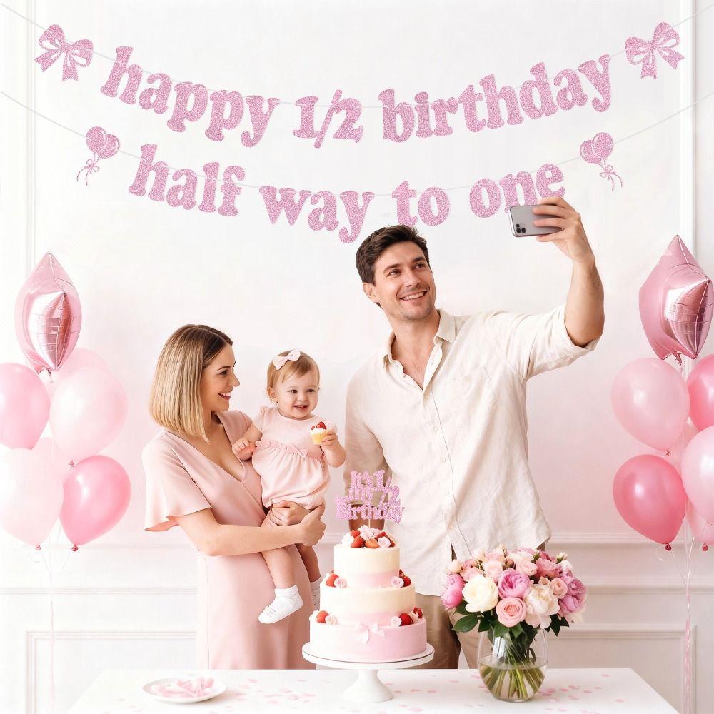 3pcs Pink 1/2 Birthday Cake Topper Giltter Paper Half Birthday Decorations  for Baby Birthday Party