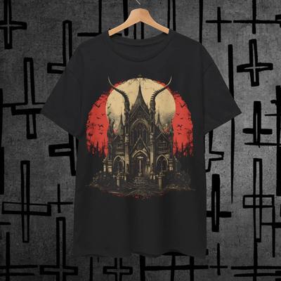 Gothic Blood Moon Cathedral T Shirt Dark Architecture Goth Streetwear Mystical Occult Casual Vintage Washed Graphic Soft Unisex