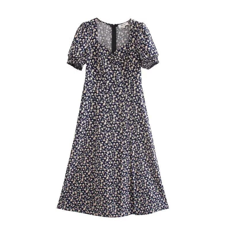 Summer New French Retro Temperament Square Neck Floral Waist and Thin Dress