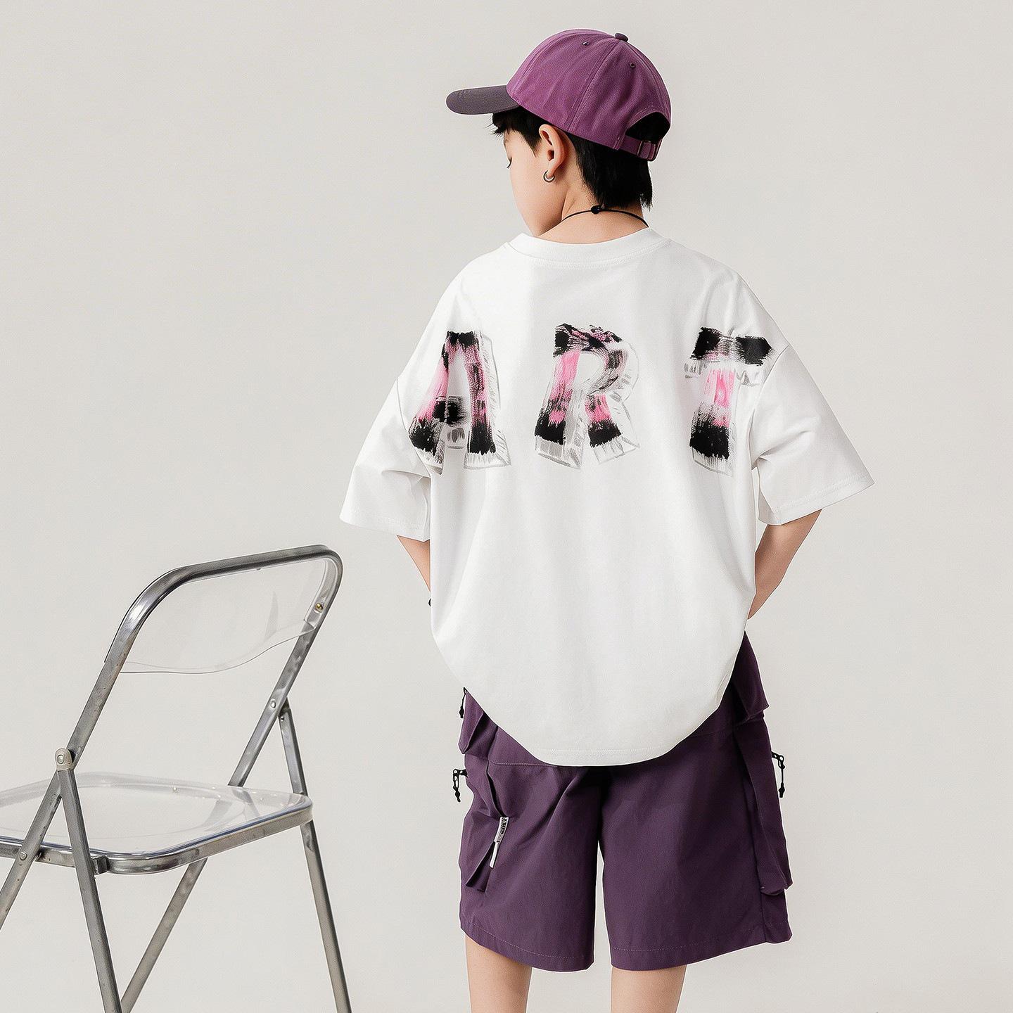 Boys Summer Loose Sportswear Set: Trendy Korean Style Short-Sleeve T-Shirt & Workwear Shorts 180cm