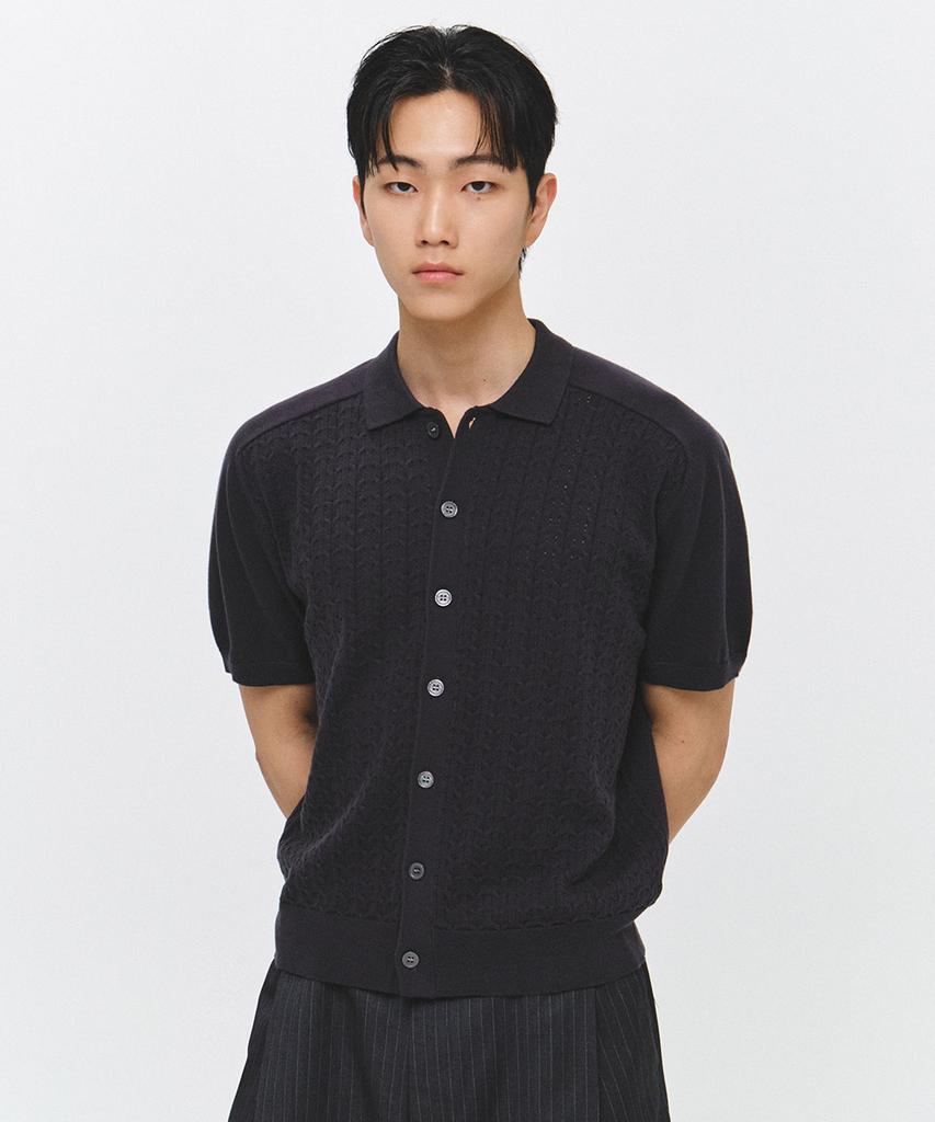 ECORR Front Cable Cropped Short Sleeve Knit Cardigan_Charcoal