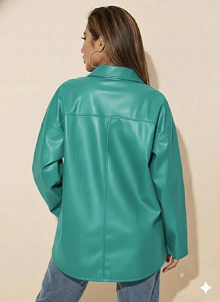 Stylish Women's Turquoise Handmade Casual Shirt Formal Lambskin Leather Genuine Fit
