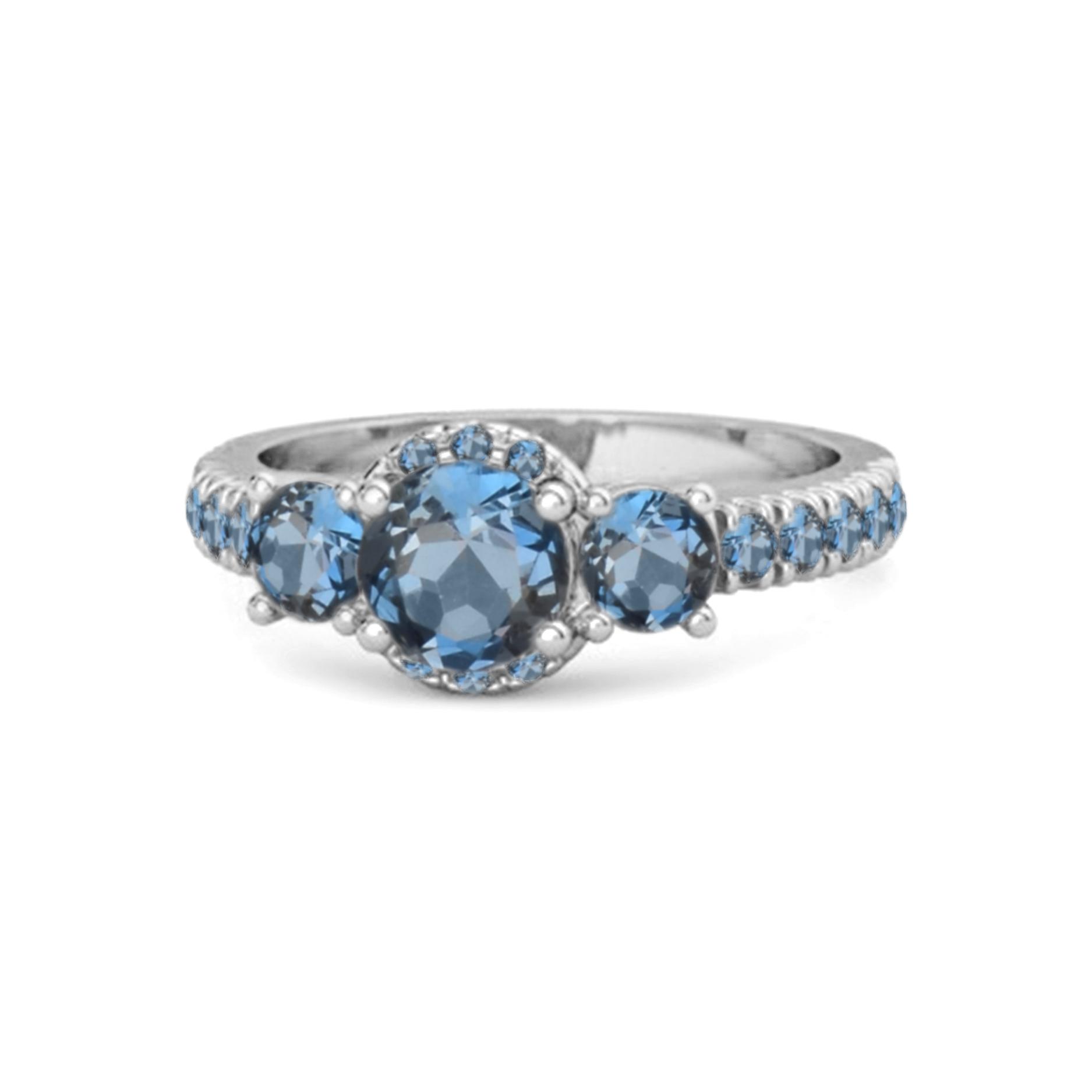 

London Blue Topaz Three- 925Stone Halo Pave Band Ring - 925 Sterling Silver 10.5 білий