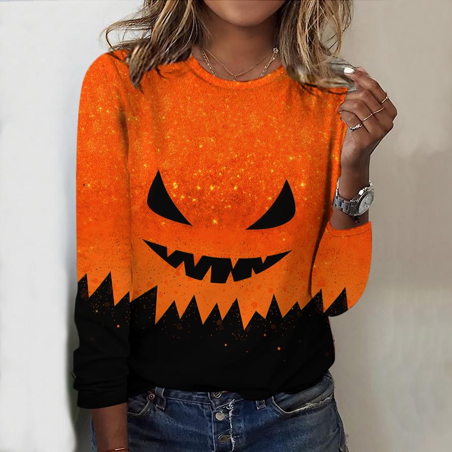 2025 Podzim & Zima Dámský Nový Ležérní Top s Kulatým Výstřihem a Dlouhým Rukávem 3D Halloweenský Vzor Ideální Halloweenský Vánoční Dárek