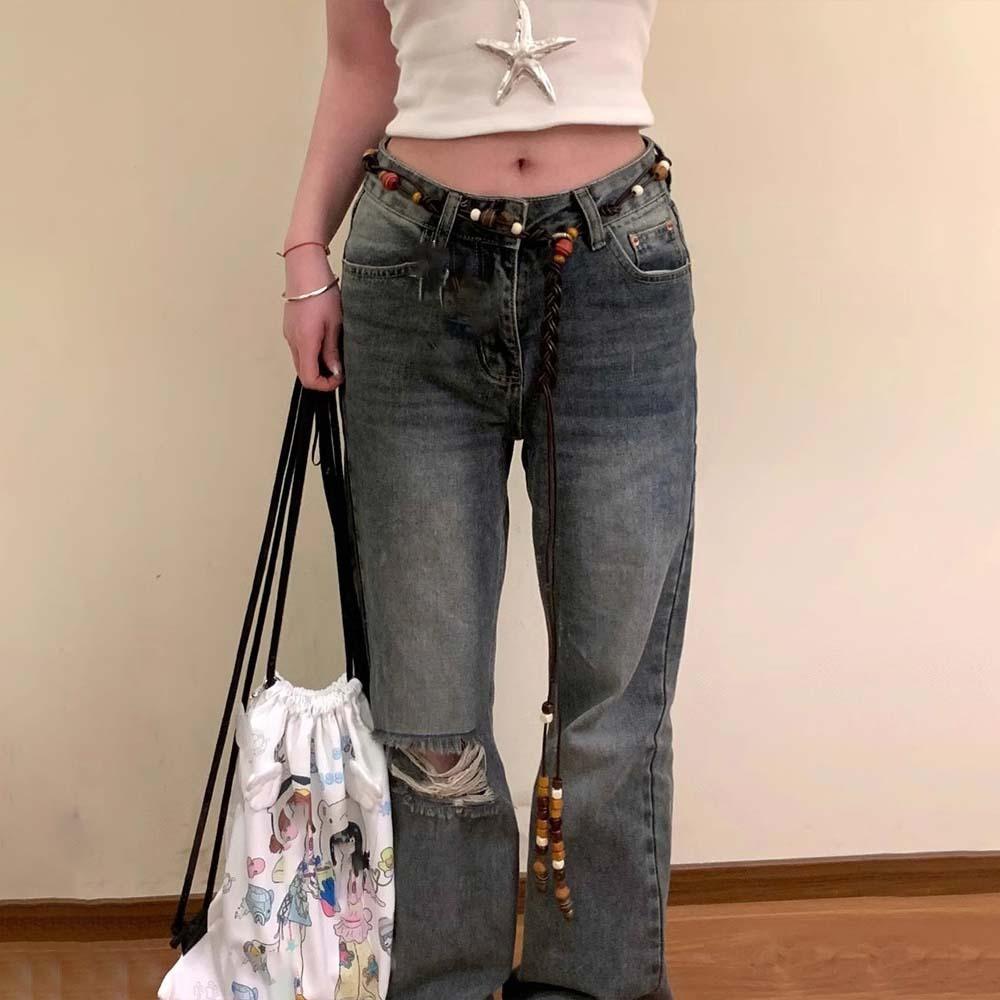 Adjustable Wood Beads Belt PU Retro Tassel Waist Chain Ethnic Style Weaving Waistband  Cool Girls