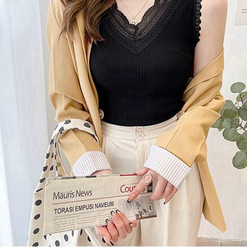 Dámské letní krajka Pletená košilka s výstřihem do V Vesta Bez rukávů Ledová Hedvábná Slim Spodní košile Jednobarevná Svrchní oblečení