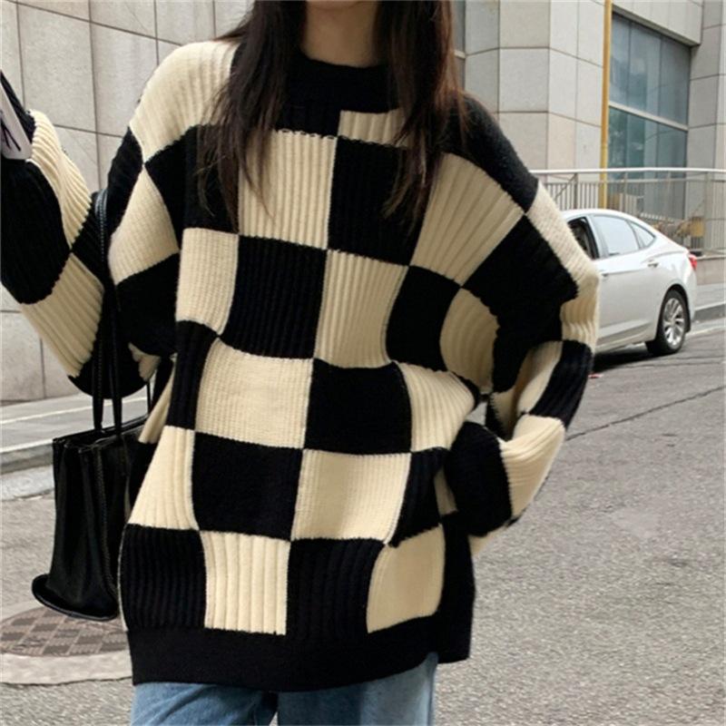 

New loose sweater lazy retro women s clothing autumn and winter high-end top checkerboard knitted sweater One Size