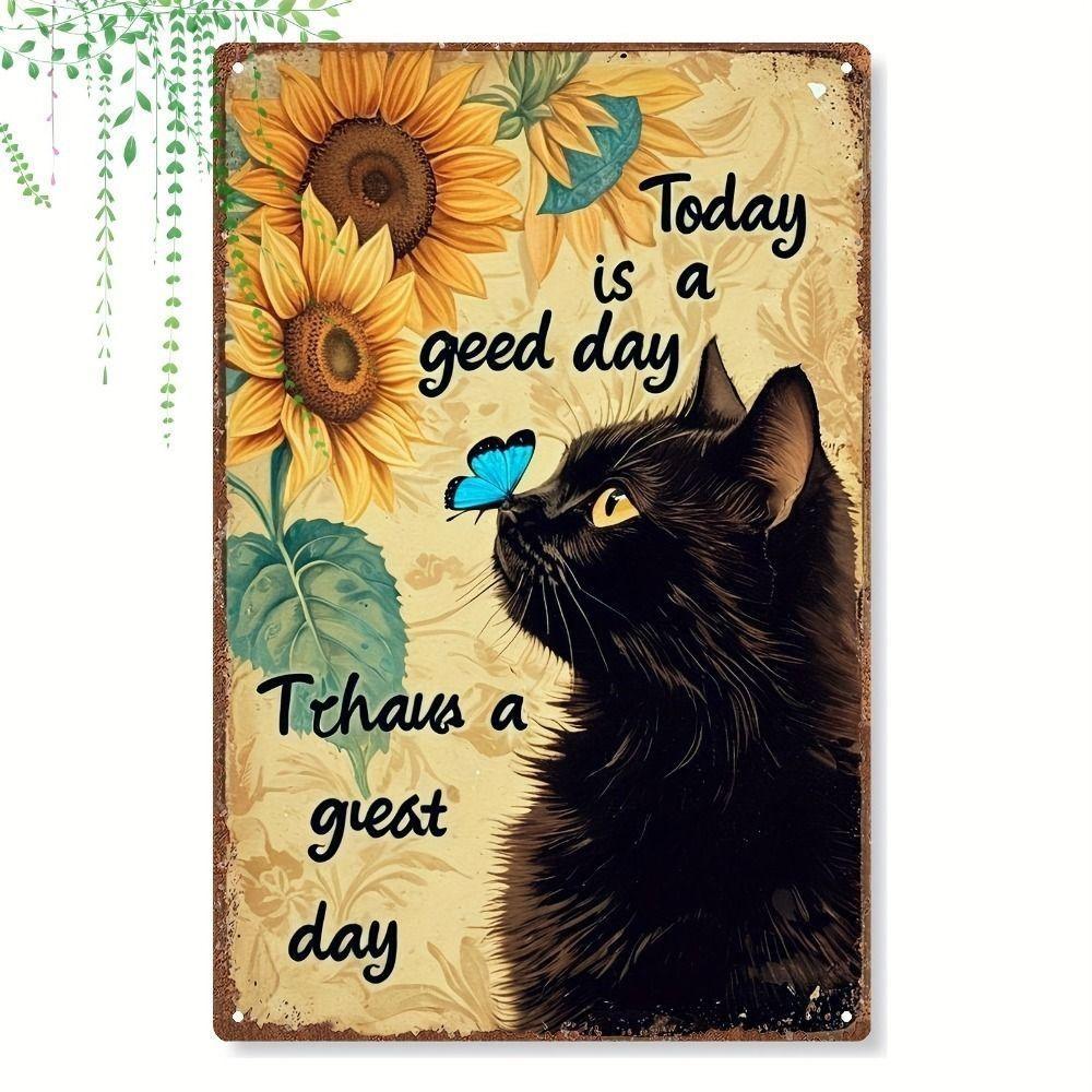 Metall Gedenkzeichen Katze Wartet an der Tür Schwarze Katze Sonnenblume Geschenk Haustierverlust
