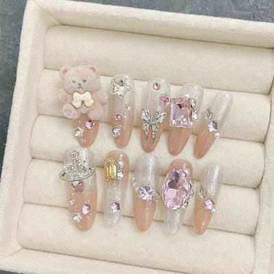 HANDMADE Artificial Nail Pure Desire Butterfly Pearl French Bear Anna Phototherapy Nails Fake Nails Reusable and Removable Nails