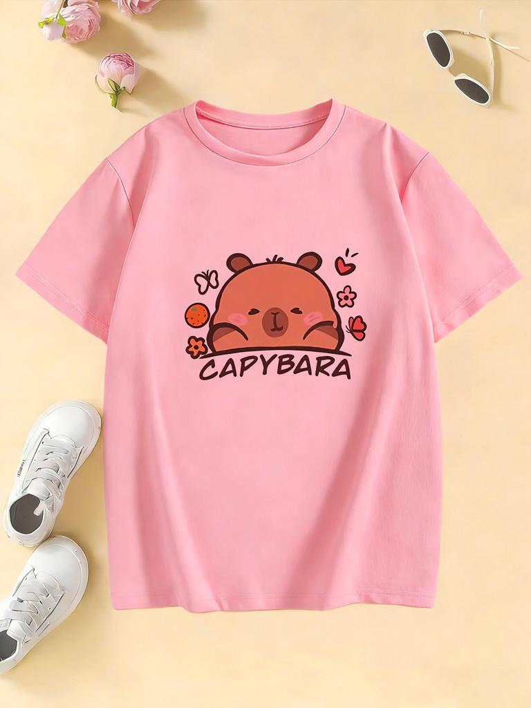 Cute Capybara Floral Print Fashion Short Sleeve T Shirts Kids Childrens Tshirt Boys Girls Summer Spring Casual Top Tee
