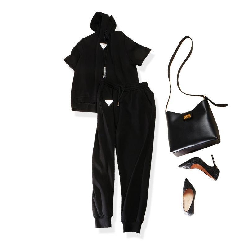 

South Korea Single Two-piece Set Female! Shoulder Sleeve Asymmetrical Woven Cotton Jacket T-shirt + Baggy Pants/Ankle-Length Pants Youth Black 4XL