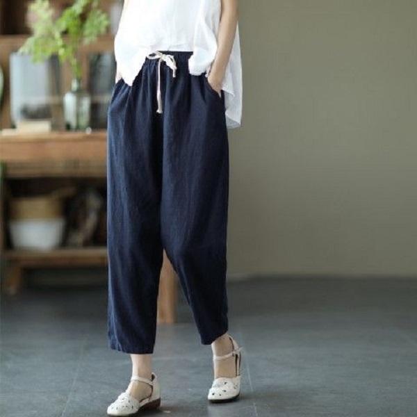 Cotton and Linen Pants, Women's Elastic Waisted Loose Casual Pants, Summer Retro Slimming, Lace Up Carrot Harem Pants