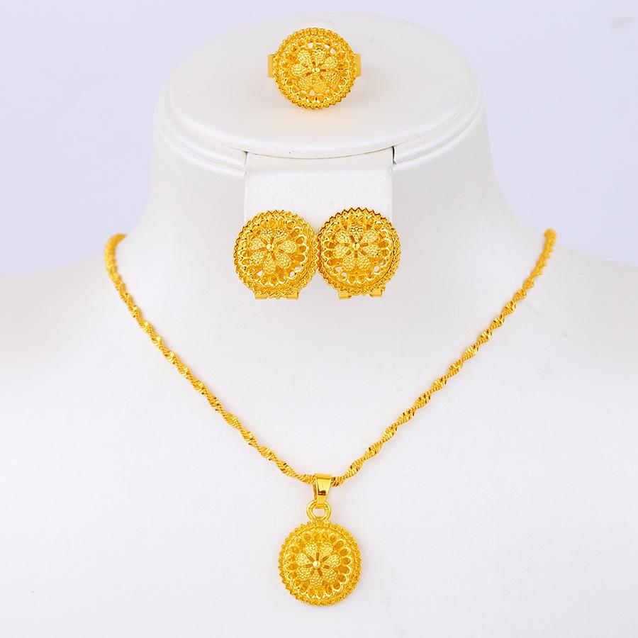 4PC Women's Fashion Gold Flower Necklace, Earrings, Rings, Zircon Set Suitable for Wedding, Party, Festival Gifts