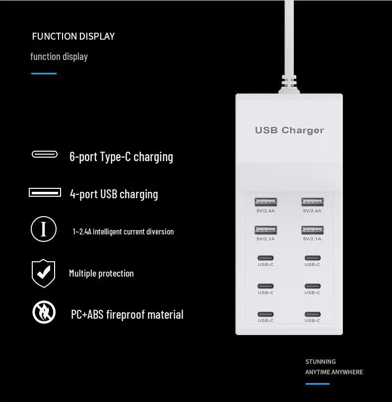 10-Port Fast USB-C Charger for Android & Apple Devices