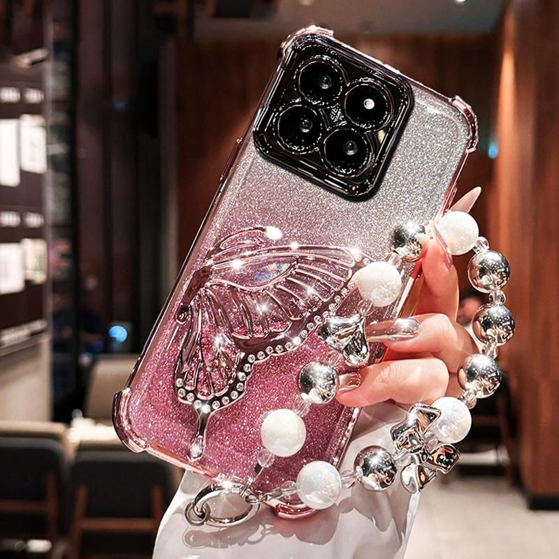 Shockproof Plating Glitter Butterfly Bracket Bracelet Case for iPhone 17 Air 16 15 14 13 12 11 17 Pro Max 16 Plus 16E Soft Cover