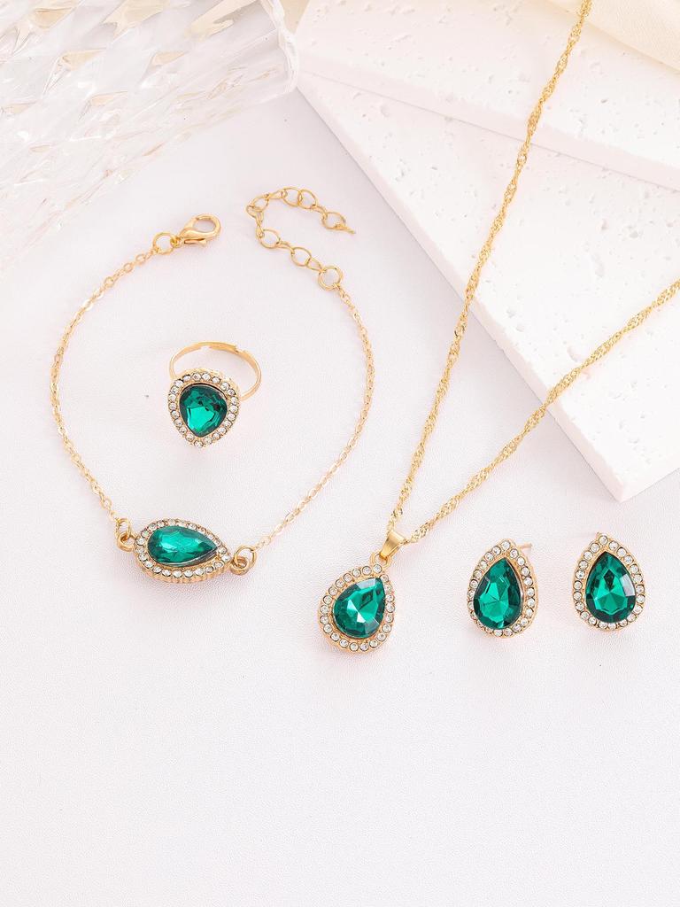 European & American Water Drop Diamond Bridal Jewelry Set (Necklace, Earrings, Ring)