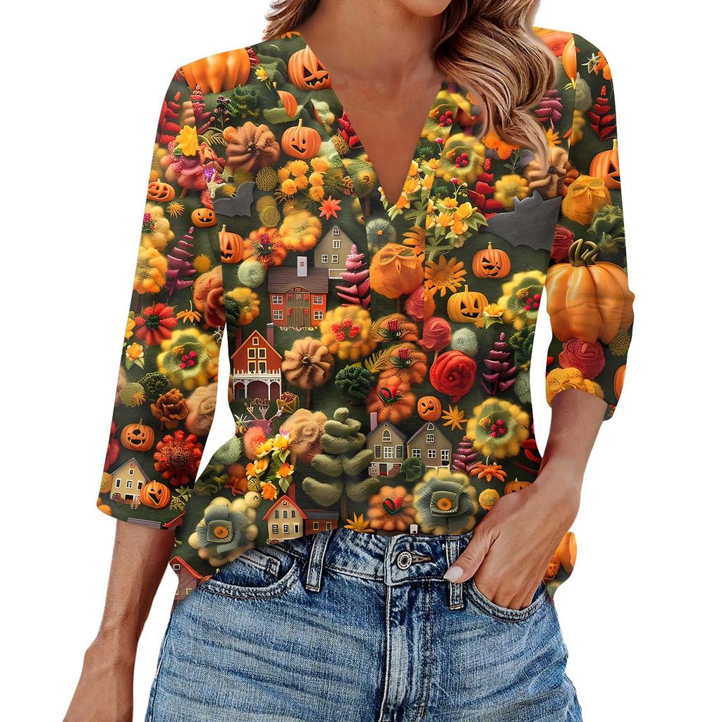 Women's Fashion Casual Lapel 3/4 Sleeve Halloween Print Shirt Women's V-Neck Tops
