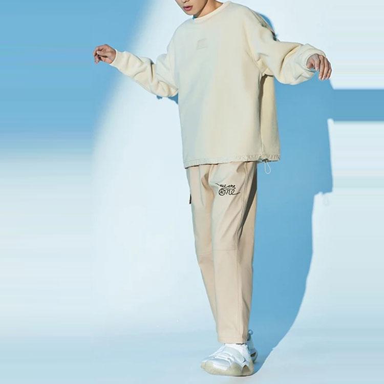 Li Ning X Artist DFT Collaboration Wade Series Fun Pattern Loose Fleece Warm Crewneck Sweatshirt Winter Unisex Sweatshirt Khaki AWDRE75-2