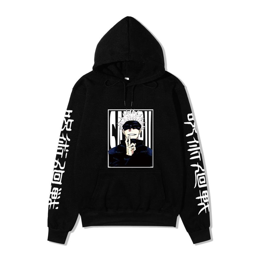 Jujutsu Kaisen Satoru Gojo Unisex Fleece Hoodie Autumn Winter Anime Character Japanese Kanji Sleeve Print Long Sleeve Pullover Sweatshirt