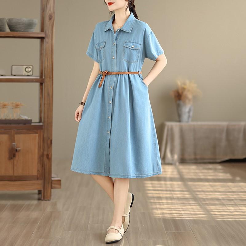 Vestito camicia estivo in denim vintage a maniche corte taglie forti per donna, casual, ampio, lungo