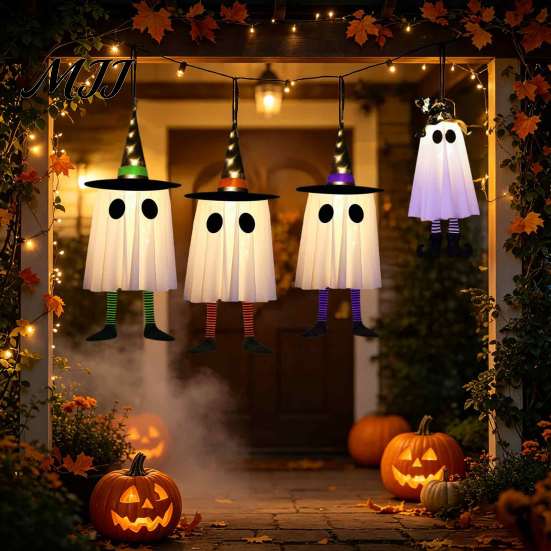 Mysterious Glow Yard Decor Halloween Hanging Ghost Decoration with Witch Hat And Leg, LED Lighted Spooky Realistic Swaying Lights Floating for Indoor