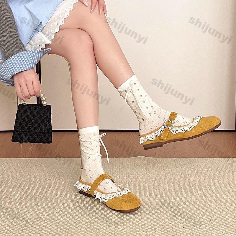 Women Shoes 2025 Summer New Fashion Round Toe Lace Women Half Drag Shoes Vintage Comfort Soft Sole Lightweight Mary Jane Flats