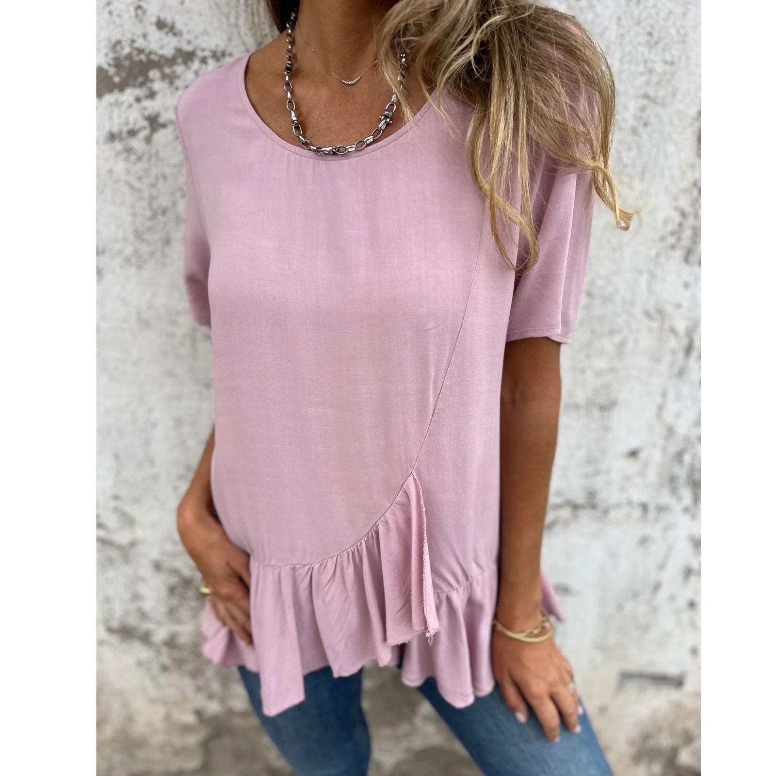 

Летняя новая свободная футболка женская с круглым вырезом повседневная хлопковая и льняная с оборками S