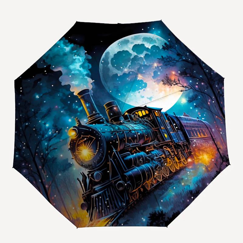 

1PC Steam locomotive Night moonlight Pattern Small Travel Compact Windproof Umbrella, Automatic Folding Umbrella, Automatic Open/Close ,Gift