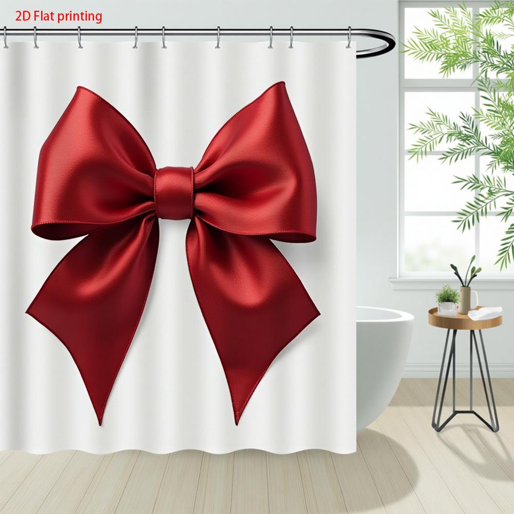 

Elegant Red Bow Shower Curtain White Background Polyester Bath Curtain with Hooks for Modern Bathroom Decor 90X180cm(35x70in)
