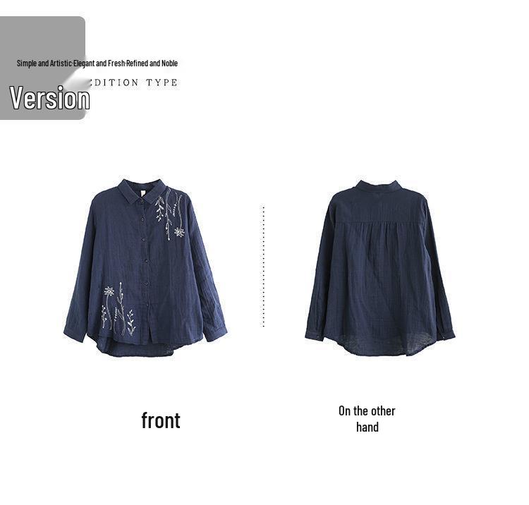 2024 Artistic Retro Floral Embroidered Cotton Linen Long Sleeve Shirt for Women - Loose Fit for Spring & Autumn