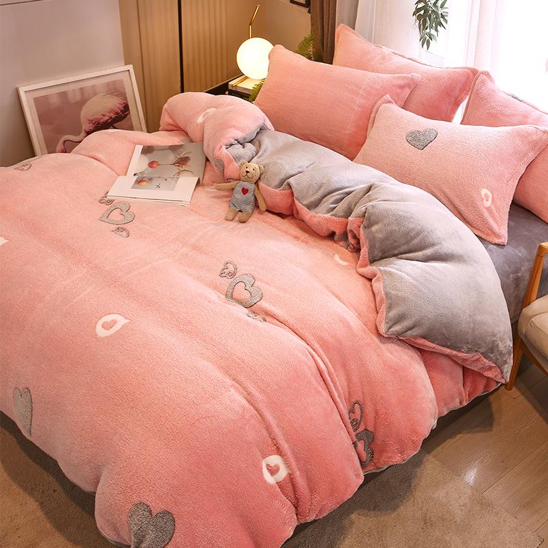 3Pcs Duvet Cover Set,1Pc Heart Print Thicken Winter Warm Duvet Cover with 2Pcs Pillowcases for Double Bed Funda Nordica Cama