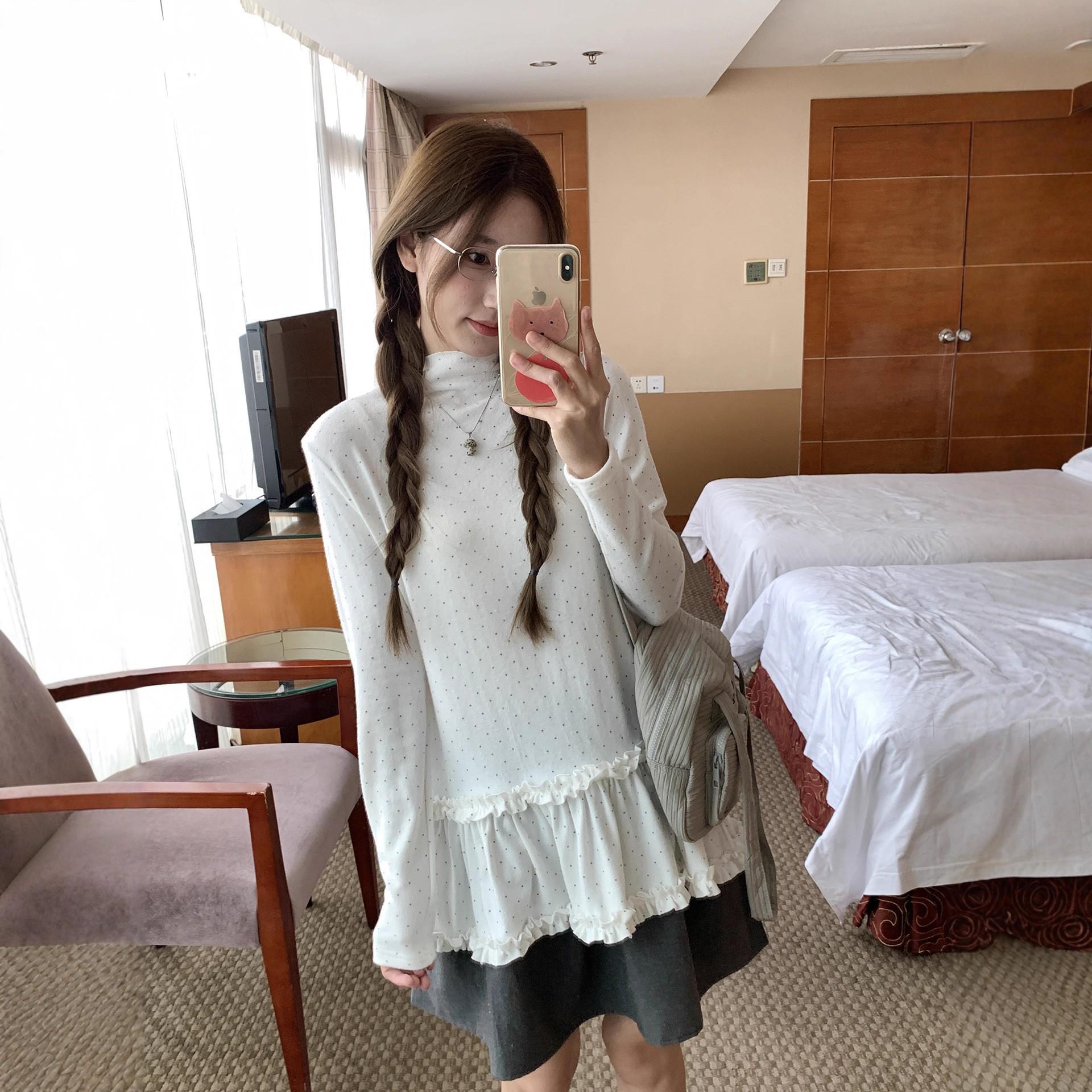 Korean High Neck Polka Dot Lace Patchwork Long Sleeve Top for Women - Autumn Winter Fashion M белый