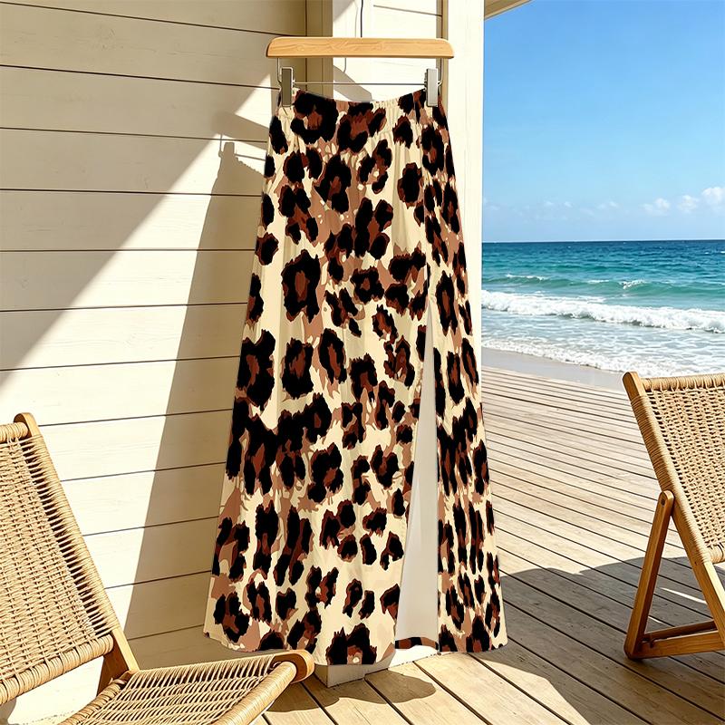 Women's French Style Leopard Print Slit Maxi Skirt - Lightweight Summer Skirt for Beach Vacation, Daily Casual & Elegant Look