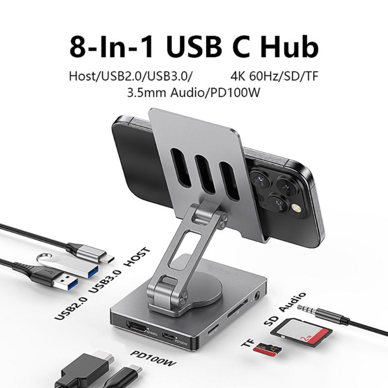 Rotating Aluminum Phone Hub 8 in 1 USB C Docking Station 5Gbps 100W PD Charging Foldable Stand for Multiple Devices