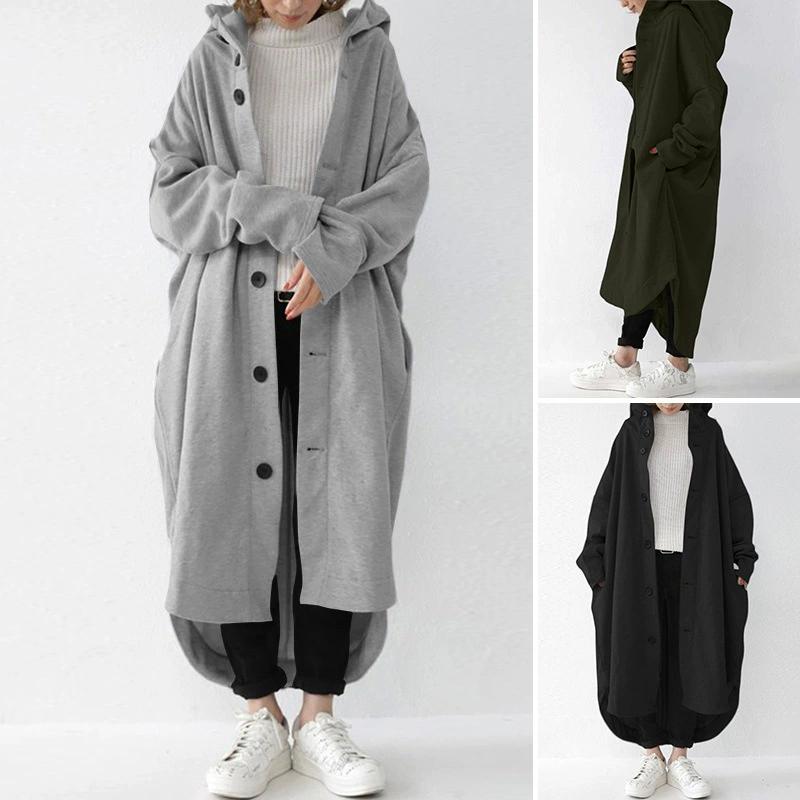 

Autumn and Women s Windbreaker Coat, Women s Hooded Mid Length Coat S сірий