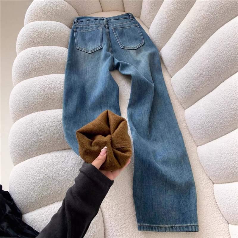 2025 Women's High Waist Retro Blue Fleece-Lined Straight Leg Jeans for Autumn/Winter - Slim Fit and Wide Leg