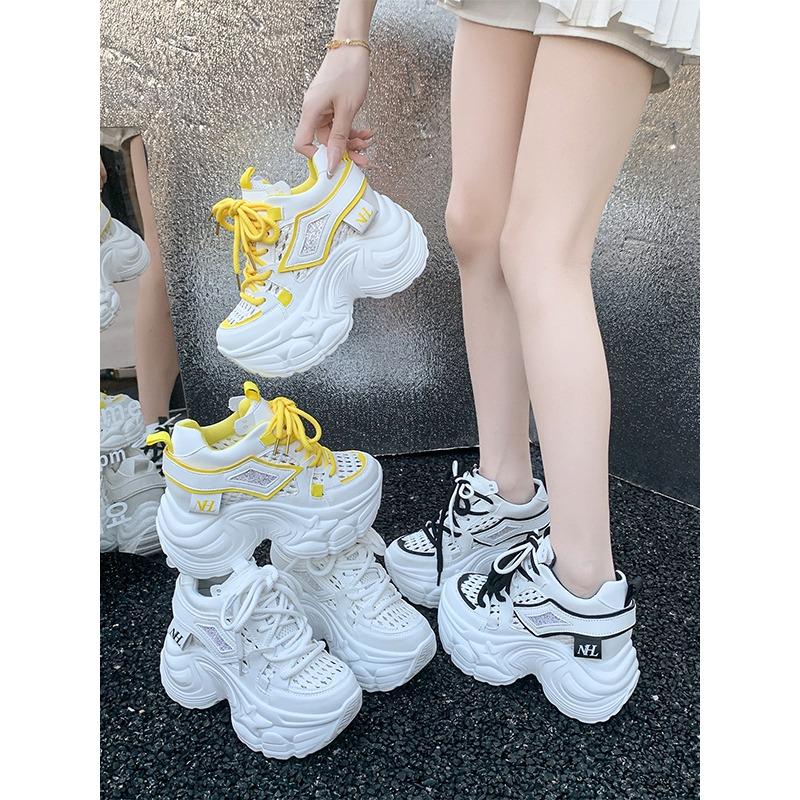 Mode 9CM Sommer Papa Schuhe Damen Dicke Sohle Atmungsaktives Mesh Sportlich Lässig Erhöhend Weiße Sneakers Modische Flache Schnürschuhe