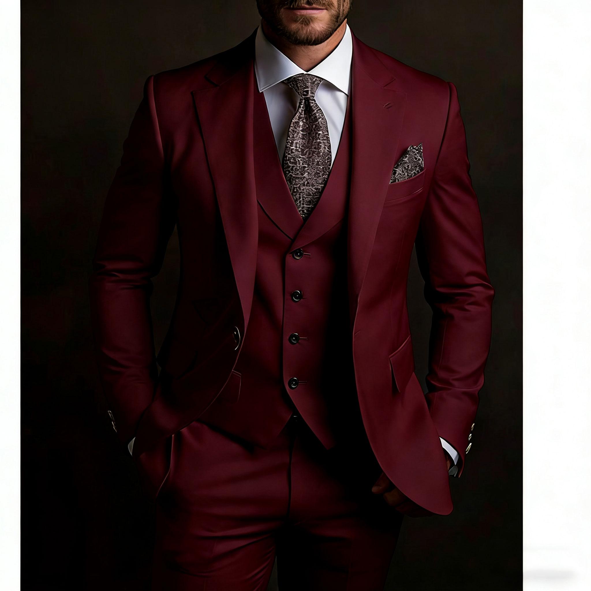 

Високоякісні чоловічі костюми 3-piece Піджак Штани Жилет Slim Fit Вбрання для випускного вечора Вечірки На замовлення 2025 Розкішний Блейзер Індивідуальний пошив 2XL бордовий