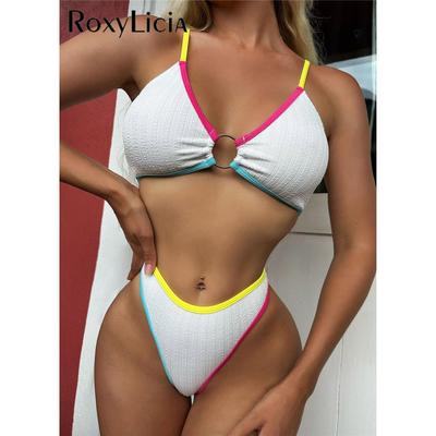 Splicing Mid Waist Vysoký střih Bikiny Dámské Plavky Dámské Plavky Dvoudílné Bikiny Souprava Koupání Plavky Plavky