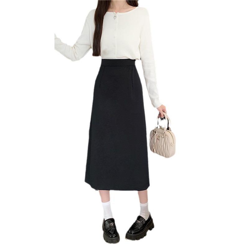2024 Women's French-Style Midi Skirt - Black High Waist A-Line Pencil Skirt