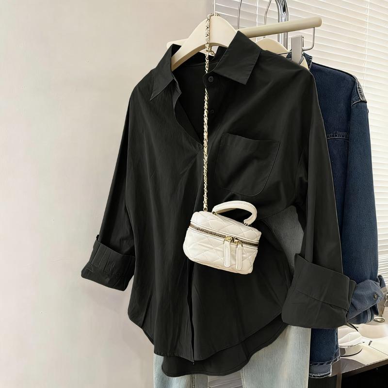 Spring Autumn Polo-neck Solid Color Casual Fashion Cardigan Shirt Women Long Sleeve Simple All-match Blouse Top