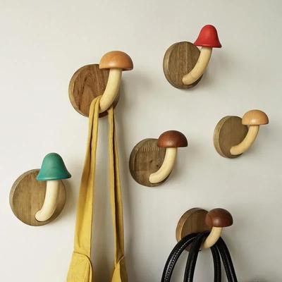 Creative Wooden Mushroom Clothes and Caps Hook Bathroom Clothes Hanger Self Adhesive Wall Hanger Organize Storage Hook