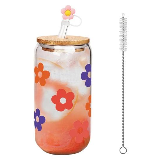 Color Changing Christmas Glass Cup with Lid Straw Brush Reusable Glass Iced Coffee Cup Cute Xmas Party Decorations for Mom Her