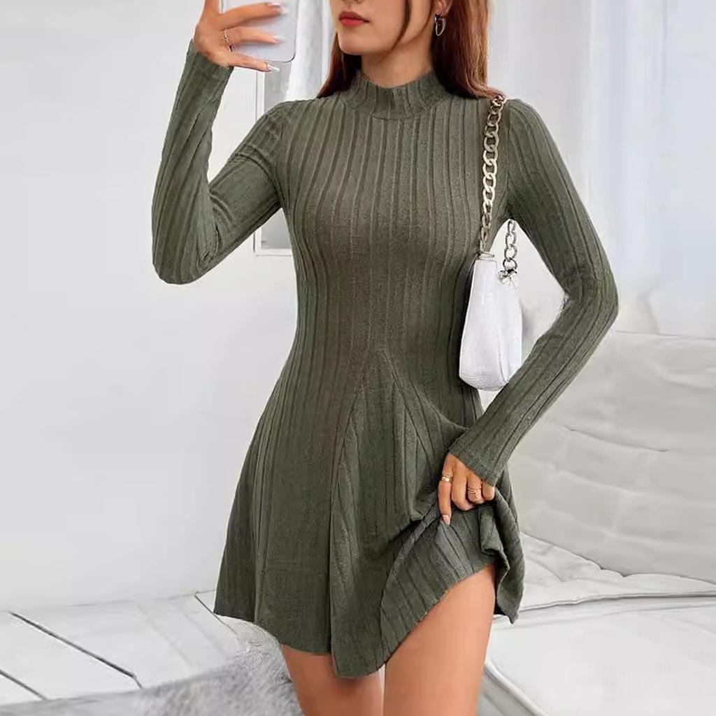 Dámské šaty svetr s dlouhým rukávem bodycon s falešným rolákem žebrovaný úplet podzimní dlouhé šaty