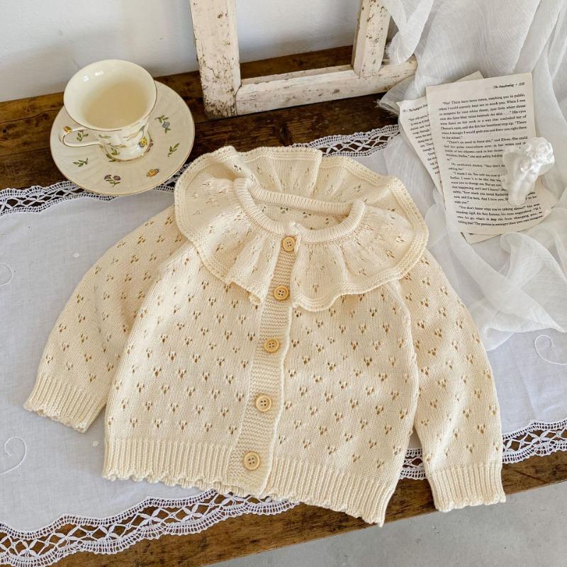 Autumn and Winter Baby Girl Knitted Cardigan Lotus Collar Hollow Long Sleeve Sweater Coat